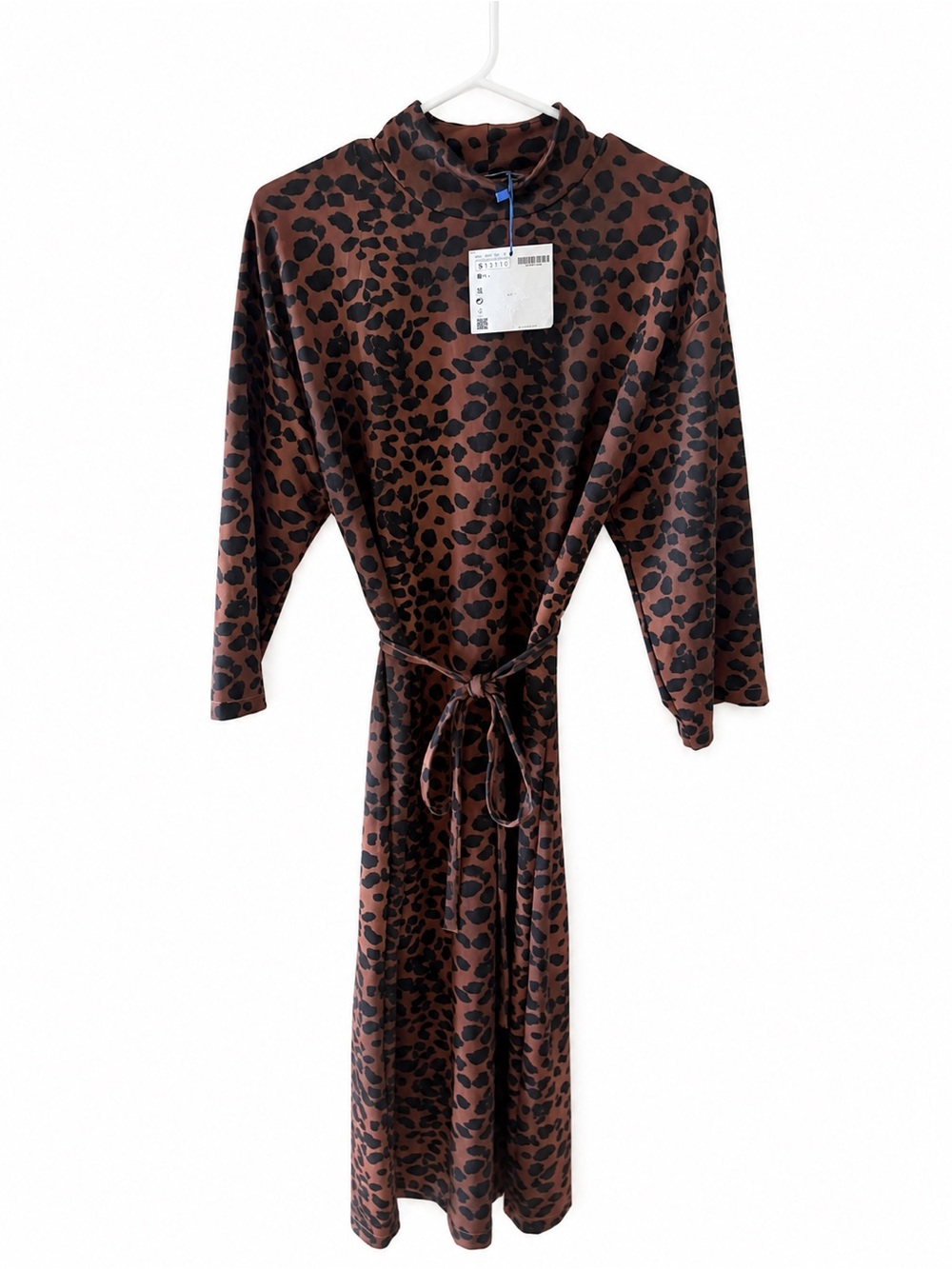 Zara Brown and Black Leopard Print Tie-Waist Midi Dress